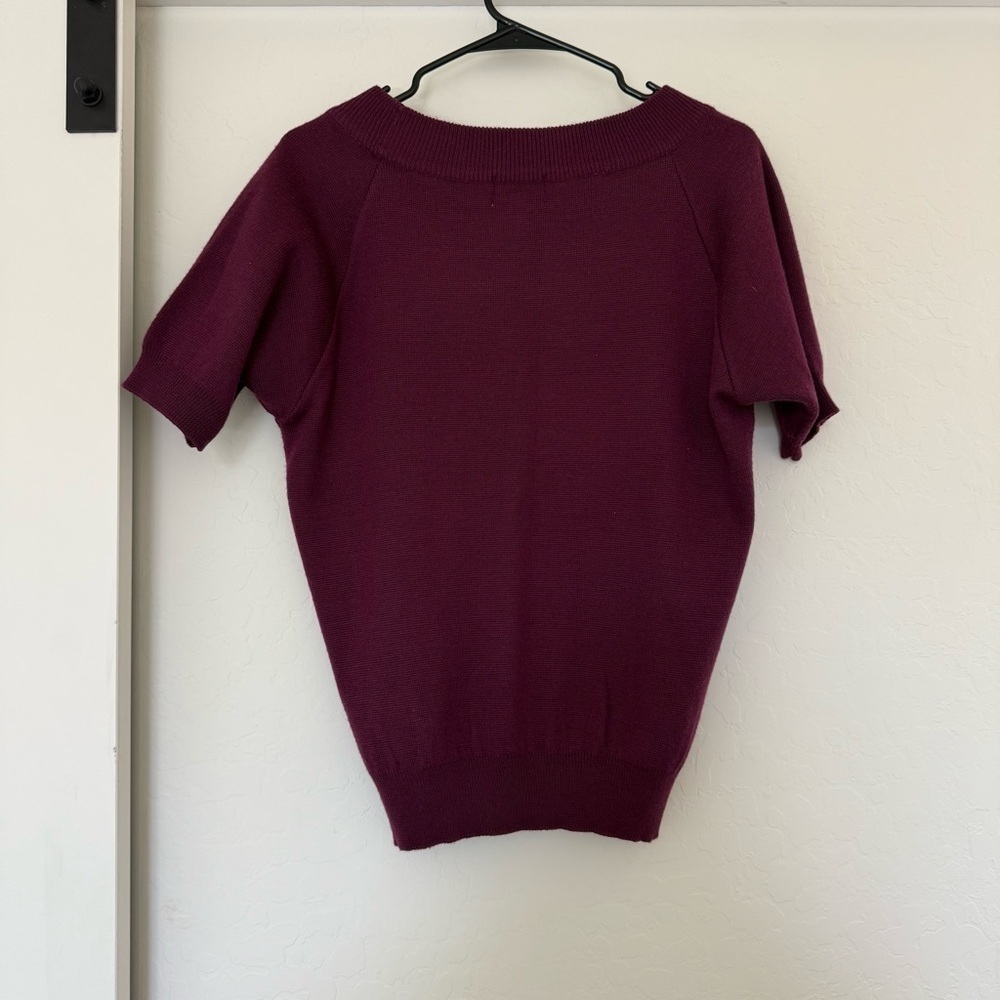 Vintage Jantzen Purple Floral Short Sleeve Sweater Top Grandma Embroidered Wool - Picture 2 of 6